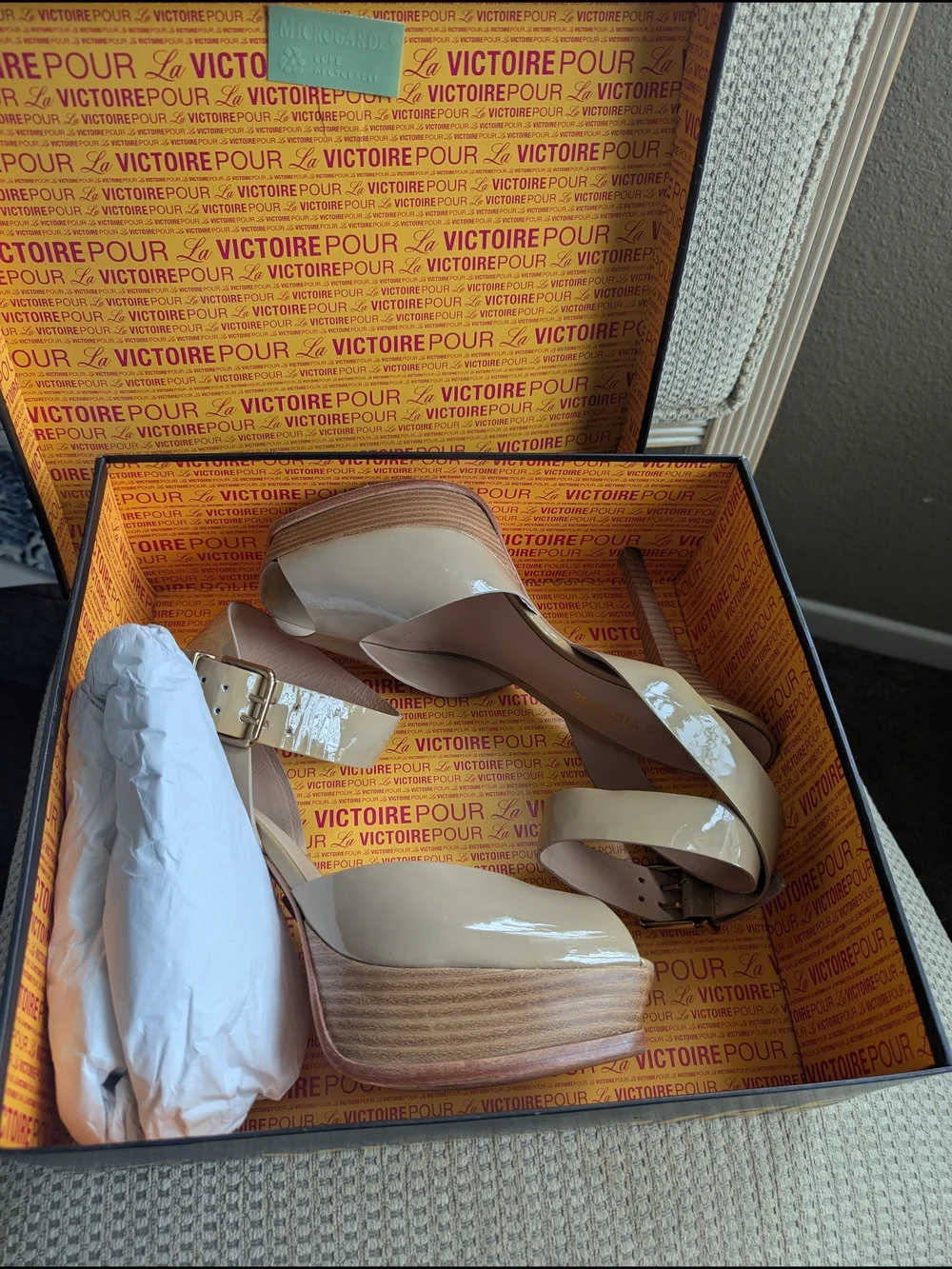 Pour La Victoire Beige Patent Platform Sandal with Ankle Strap